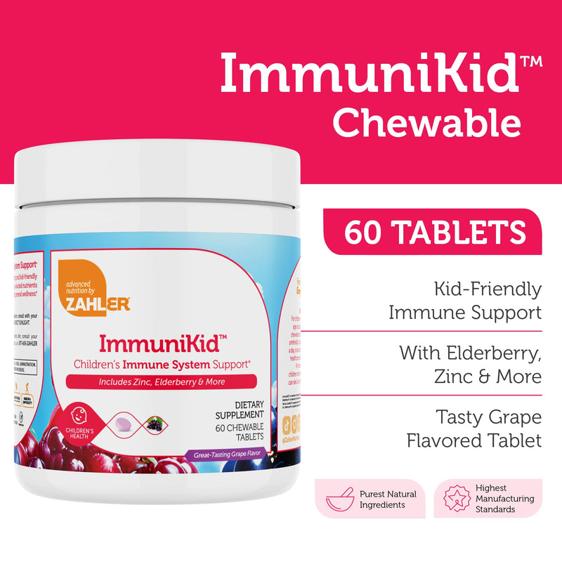 Zahler Kids Immune Support Supplement with Elderberry, Zinc and Vitamin C D3 A - Grape Flavored Chewable Tablets - Kosher Children's for Ages 4 and Up, 60 Count 60 Count (Pack of 1)