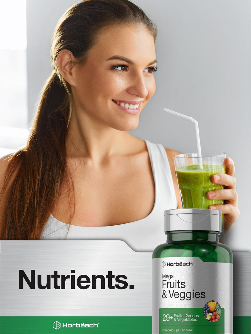 Horbäach Mega Fruits and Veggies Supplement | 100 Capsules | Vegetarian, Non-GMO and Gluten Free