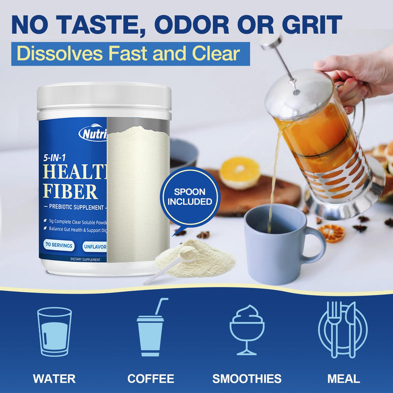Fiber Powder Unflavored, 5g Soluble Fiber Supplement, 70 Servings | 5g Soluble Fiber with Acacia and Inulin for Daily Digestive Health and Regularity, Gluten Free, Sugar Free, Vegan 12 Ounce (Pack of 1)