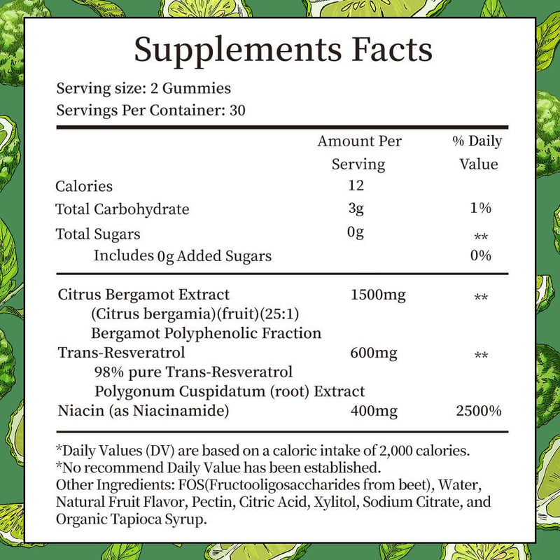 Citrus Bergamot Gummies 1500mg with Resveratrol & Niacin, Vegan Formula | Made with Clean Ingredients in a Free from Artificial Colors and Flavors, 60 Gummies 1