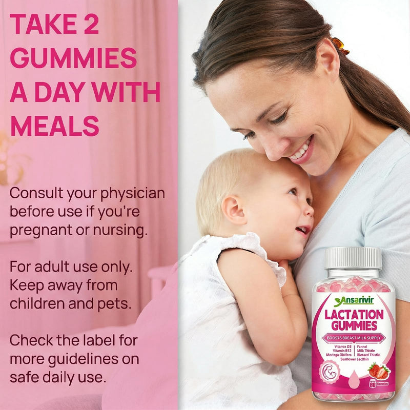 Lactation Supplement Gummies – Powered by Moringa, Fennel, Sunflower Lecithin, Milk Thistle, Blessed Thistle, Plus Vitamins D3 & B12 – 60 Gummies for Breastfeeding Support & Milk Supply Boost