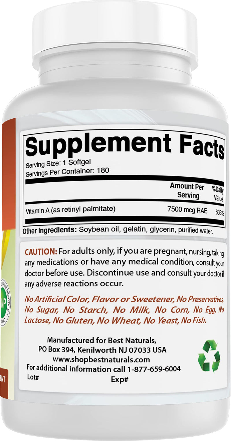 Best Naturals Vitamin A 25000 IU (7500 mcg), Non-GMO Formula Supports Healthy Vision & Immune System and Healthy Growth & Reproduction, 180 Softgels (180 Count (Pack of 2))