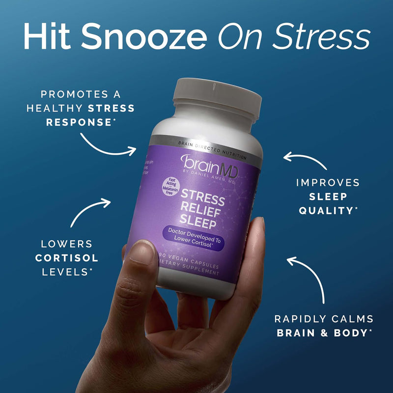 BrainMD Stress Relief Sleep Support with GABA Magnesium, 60 Capsules | Dietary supplement in capsule form for daily use, featuring a natural blend with 30 servings for routine wellness.
