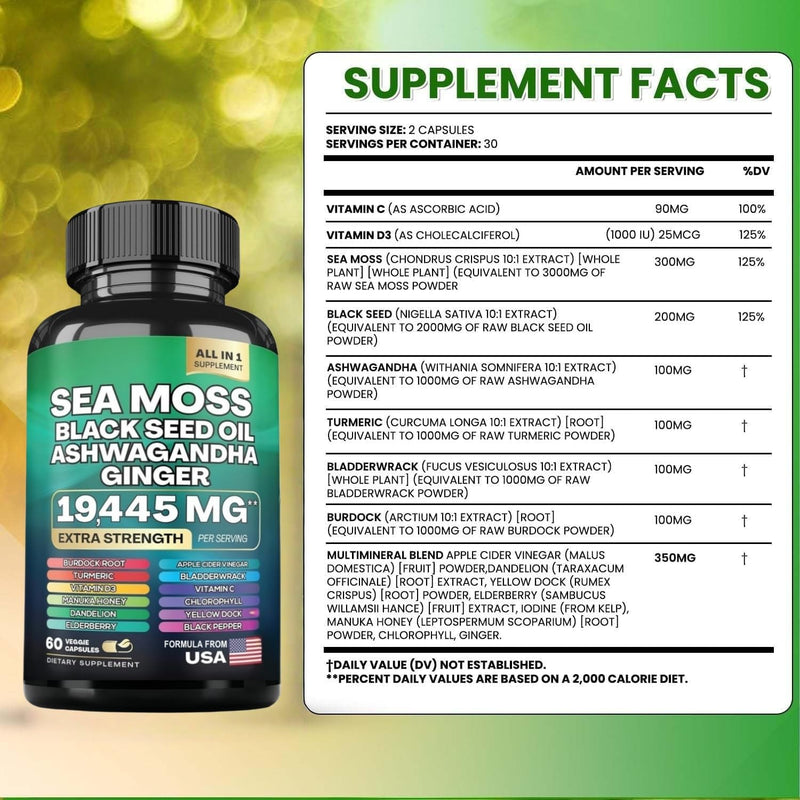 Sea Moss Black Seed Oil Ashwagandha Ginger Capsules with Turmeric Bladderwrack Burdock & Vitamin C Vitamin D3 with Elderberry Manuka Dandelion Yellow Dock Iodine Chlorophyll ACV