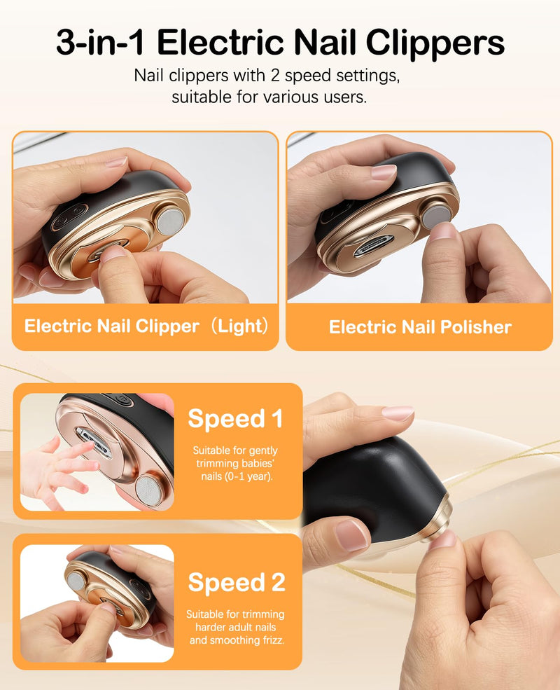 Electric Nail Clipper, 3-in-1 Electric Automatic Nail Clipper, Trimming, Polishing & Light, Quiet, 2 Speed Settings, Nail Scraps Storage, USB Rechargeable, Electric Nail Clippers for Seniors & Babies Black