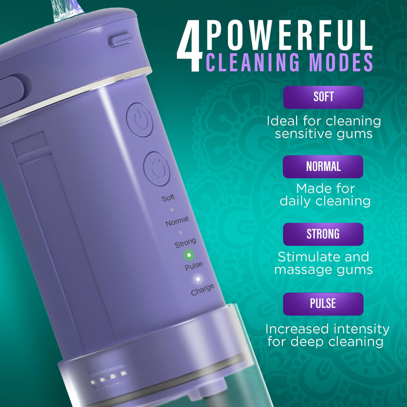 GuruNanda Compact Water Dental Flosser, Portable Travel Size Oral Irrigator Flosser with Collapsible 180 ml Tank, Smart Timer, 4 Flossing Modes, TSA-Approved - Lavender - BeesActive Australia