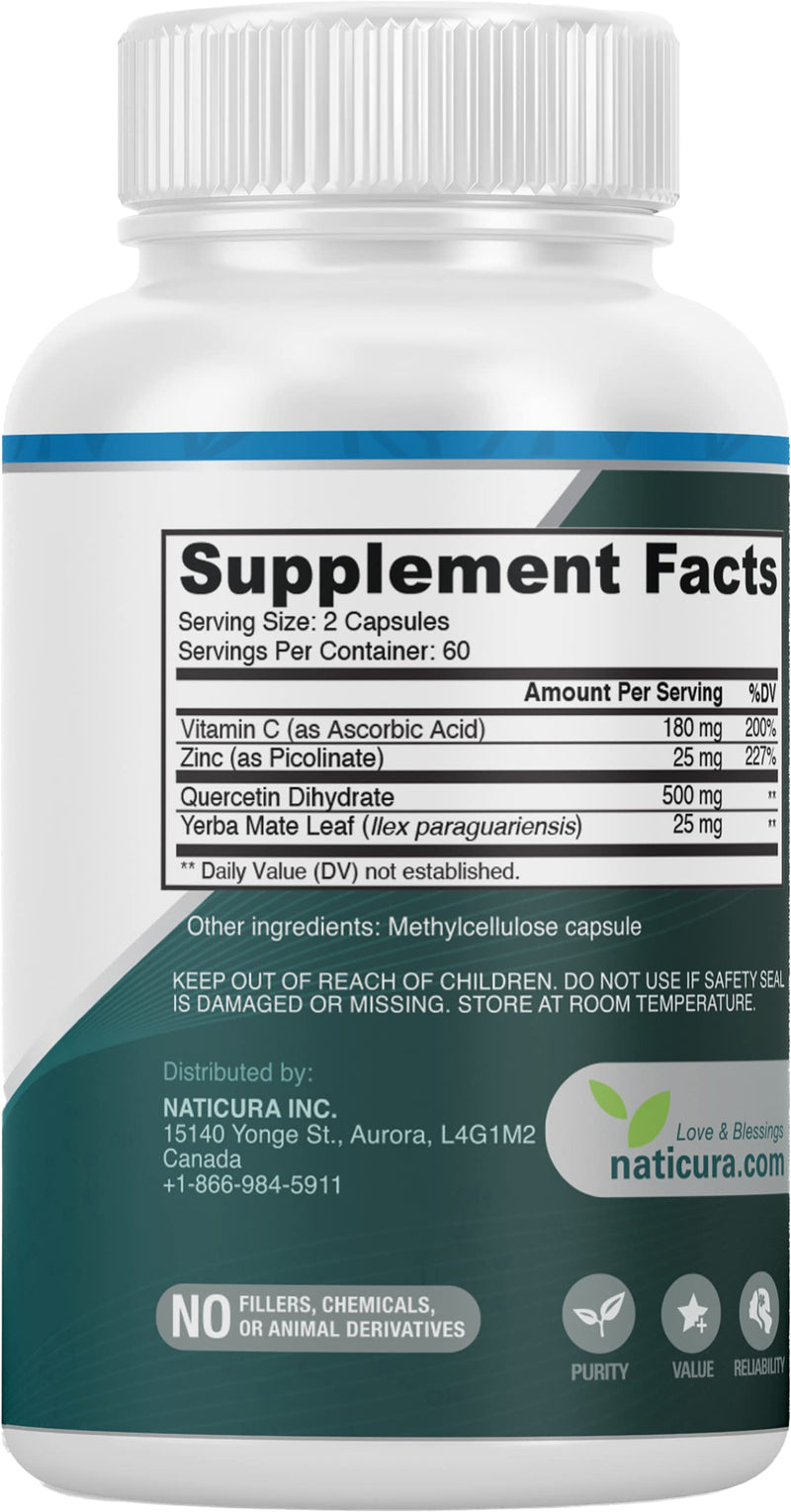 Naticura Zinc Quercetin Immune Support Supplement with Vitamin C 120 Caps | High Absorption Zinc Picolinate, Vitamin C and Zinc, CoQ10 Formula for Immune Support, Heart, Lung, Brain Health, Made in USA