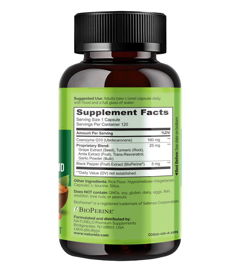 NATURELO Whole Food CoQ10 Supplement, 120 Vegetarian Capsules | Heart Health Blend, Powerful Antioxidant, CoQ10 100mg Supports Energy Production Unflavored 120 Count (Pack of 1)
