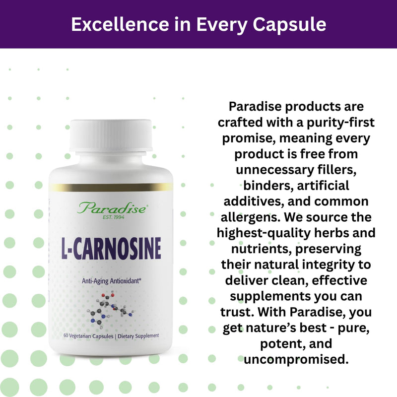 Paradise Herbs L-Carnosine Vegan Non-GMO Gluten Free 60 Capsules | Ultra pure dietary supplement in vegetarian form, daily servings with amino acid support and clean-label formulation