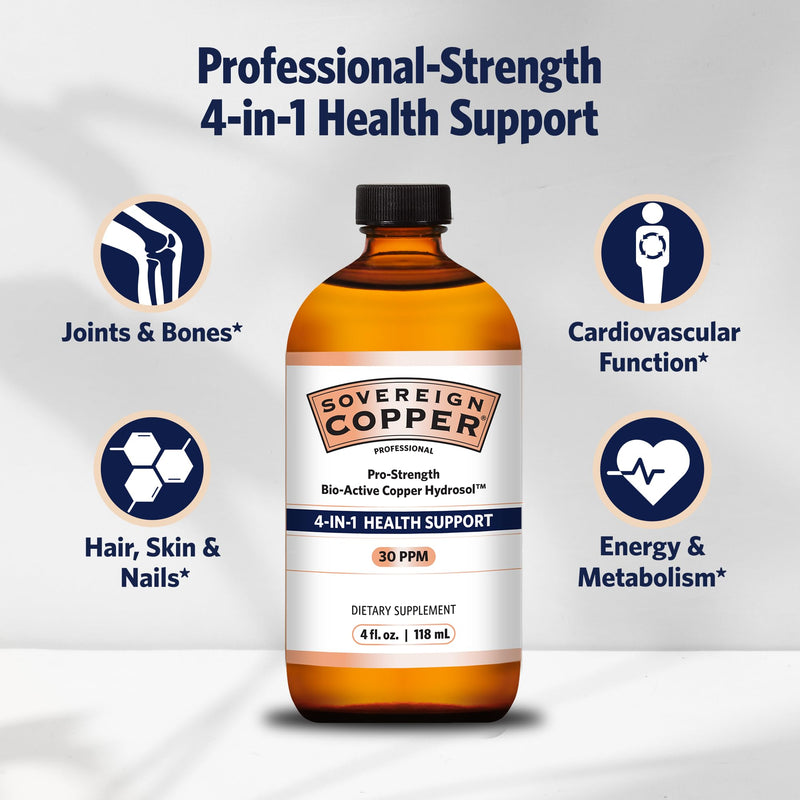 Sovereign Pro-Strength Bio-Active Copper Hydrosol - Bioavailable Copper Liquid Supplement for Adults & Kids w/Silver Hydrosol for Hair, Skin, & Nails, 30ppm - 4 fl oz (118mL)