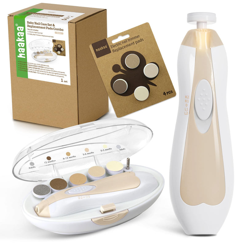 haakaa Baby Nail Trimmer Electric Baby Nail Clippers Kit for Newborn, Toddler or Adults Fingernails and Toenails Care, Baby Nail Care Set & Extra 4 Replacement Pads Combo - Acorn - BeesActive Australia