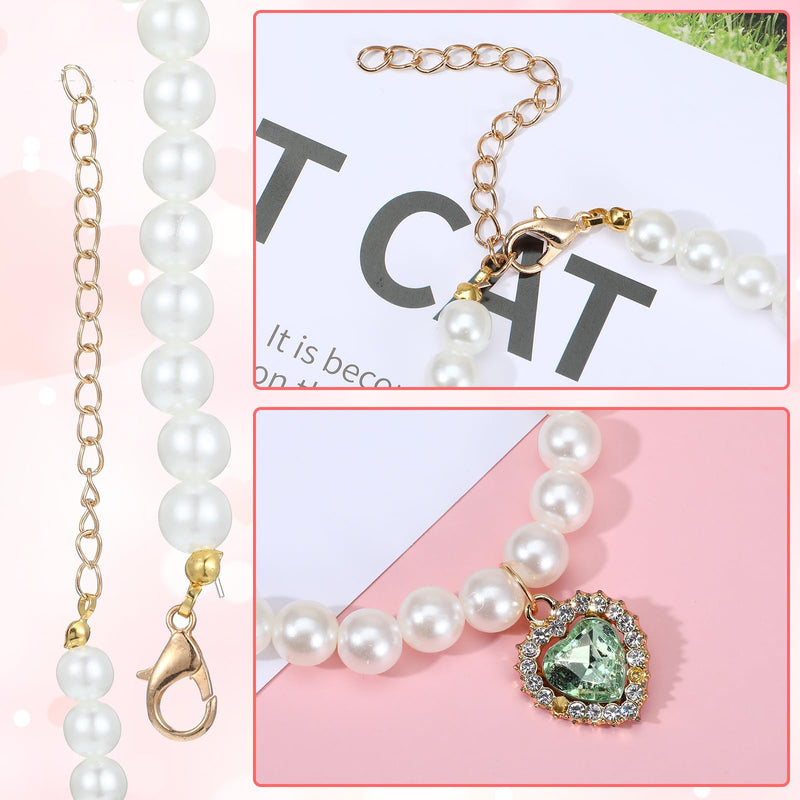 3 Pcs Pearl Cat Collar Adjustable Dog Pearl Necklace Collar Heart Rhinestones Pet Necklace for Pet Wedding Party Birthday Jewelry Accessories Make Your Cats and Dogs More Charming (White Pink Green) - BeesActive Australia