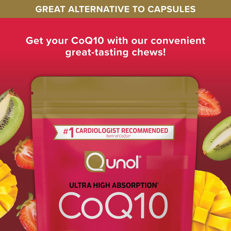 Qunol CoQ10 200mg Soft Chews, Extra Strength, Ultra High Absorption, 90ct | #1 Cardiologist Recommended Supplement for Heart Health, Coenzyme Q10 Supplement to support Vascular Health & Cellular Energy 90 Count (Pack of 1)