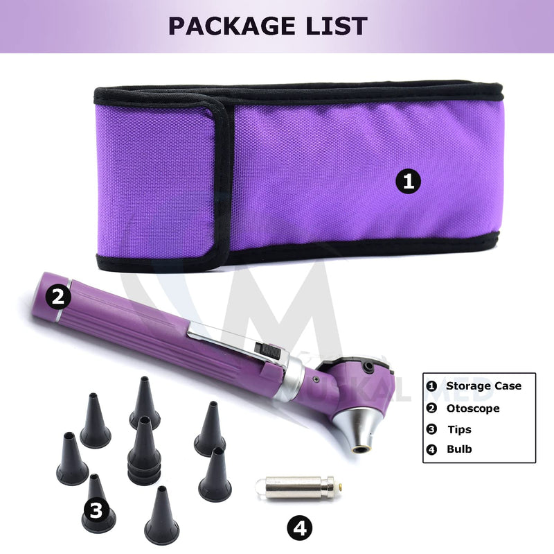 Mini Otoscope Portable Ear Light and Exam Kit 3X Magnifying Fiber Optic Scope with Spare Tips, Bulb, and Carrying Case - Pocket Equipment for Home and Use Purple - BeesActive Australia