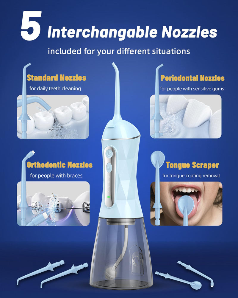 Electric Water Dental Flosser - Cordless Portable Teeth Cleaner, Rechargeable 320ML Larger Water Tank Oral Irrigator, 4 Modes with 5 Jet Tips and Travel Bag, IPX7 Waterproof (Blue) Blue