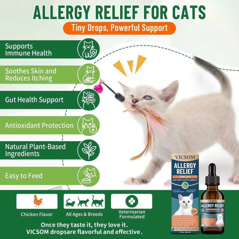 Cat Allergy Relief for Cats, Seasonal Skin Allergy Relief for Cats Itchy Skin, Paws, Eyes, Ears, Stop Licking & Scratching, Calms Dry Skin, Matted and Shedding Fur, Cat Immune Support, 60ml
