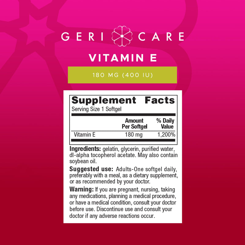 GeriCare High-Potency Vitamin E Capsules – 400 IU for Skin & Immune Support, 180mg | 100 Count | Organic Vitamin E for Women and Men 100 Count (Pack of 1) Softgel - 180mg