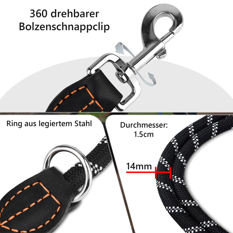 Dog leash for large and medium-sized dogs (15-60 kg), 3.4 m adjustable double leash & hands-free leash made of nylon with reflective through the waste bag dispenser, extreme strength up to 200 kg black - BeesActive Australia