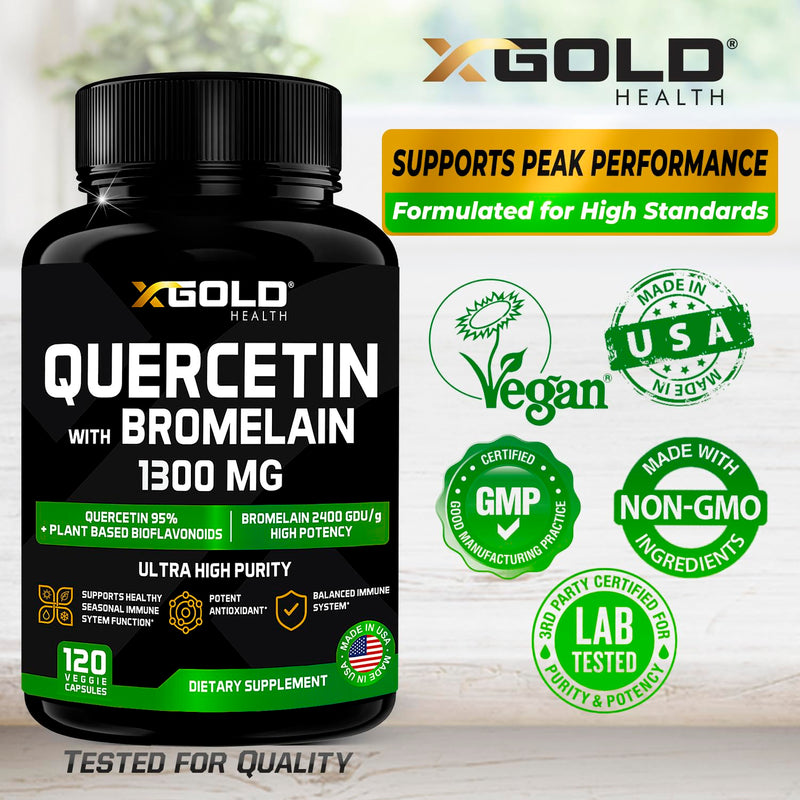 Quercetin + Bromelain 1,300mg – Quercetin: 95% - Highly Purified and Highly Bioavailable Plus Bromelain 2,400 GDU/g - Made in USA | 120 Caps - BeesActive Australia