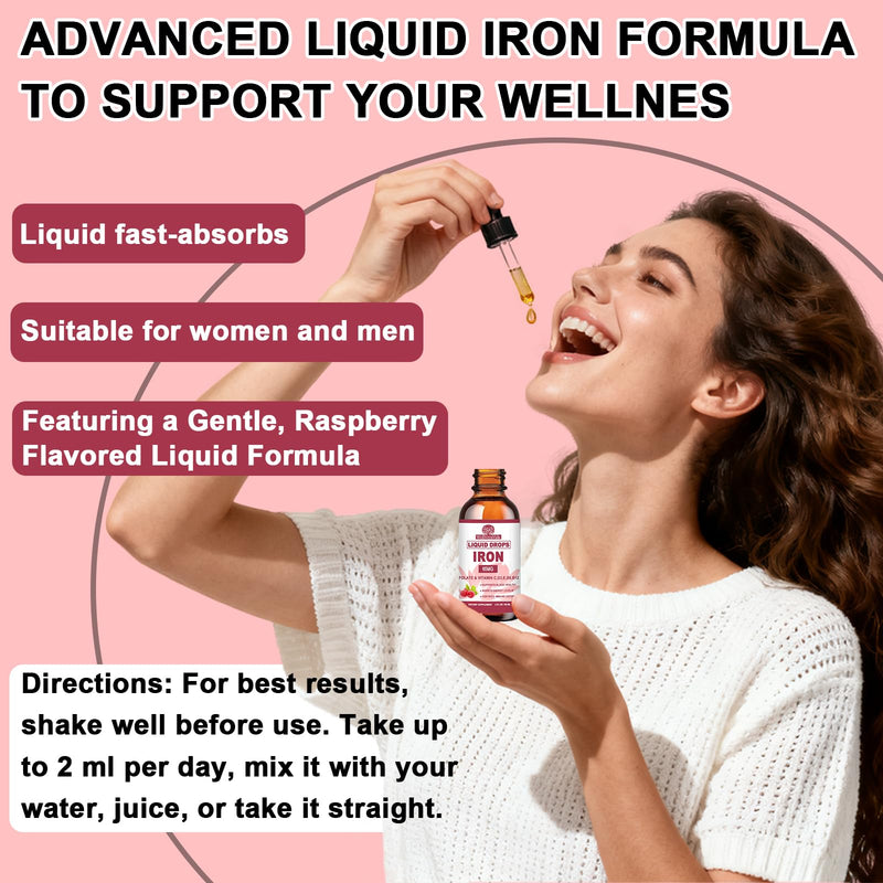 Iron Supplement for Women, Liquid Iron Drops 65mg w. Vitamin C & B Complex | Gentle Iron Drops for Iron Deficiency, Energy, Blood Health, Red Blood Cell Support, Gentle Digestion, Sugar-Free Raspberry