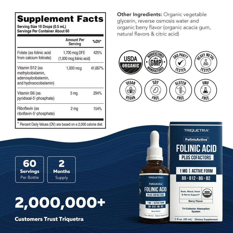 FolinicActive™ Organic Folinic Acid Liquid Drops for Brain, Heart, Nerve & Mood Support - 1700 mcg with B12, B6 & Riboflavin B2 - Tri-Cofactor Absorption System -Berry Flavor Drops, 1fl oz-60 Servings 1 Fl Oz (Pack of 1)