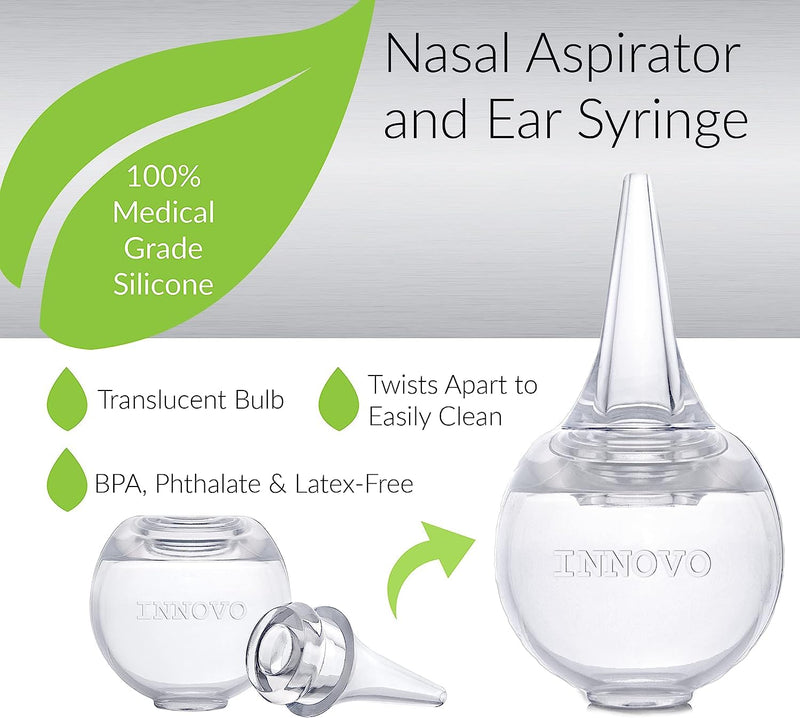 Innovo FSA/HSA Eligible Hospital Grade Silicone Twister Bulb Baby Ear Syringe and Nasal Aspirator, Sucks Snot and Mucus, Cleanable and Reusable, Clear Clear White
