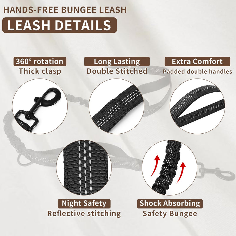 Tails & Tales Hands Free Dog Leash with Waist Pouch, Lumbar Support Upgraded, Bungee Reflective Leash, Adjustable Belt 25-55", Walking Running Hiking Training for Dogs Up to 125lbs (Black, Two Dogs) Black - BeesActive Australia