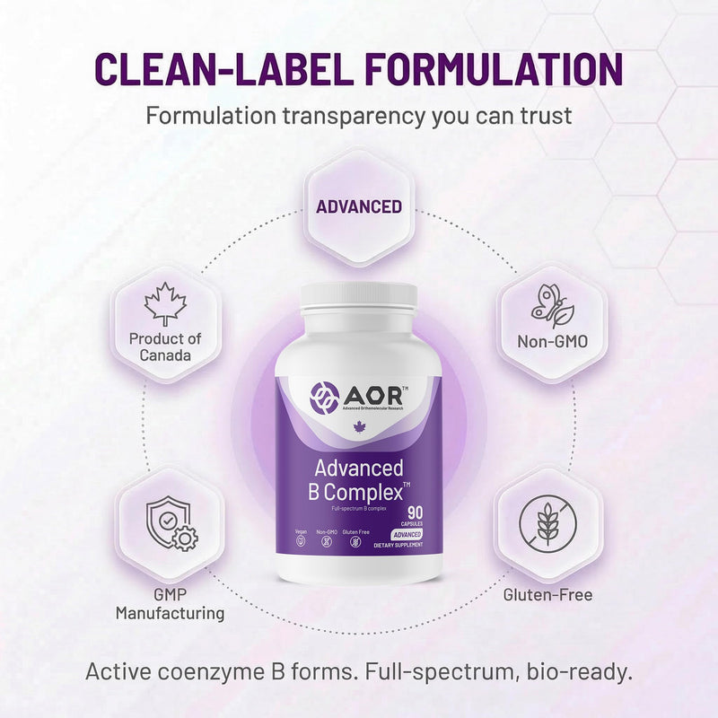 AOR Vitamin B Complex, Methylcobalamin 5-MTHF, No Flush, 90 Vegan Capsules | Active B Forms with Methylcobalamin & 5-MTHF, No Flush Niacin, 8 Essential B Vitamins, Vegan Capsule, Gluten Free, GMO Free 90 Count (Pack of 1)