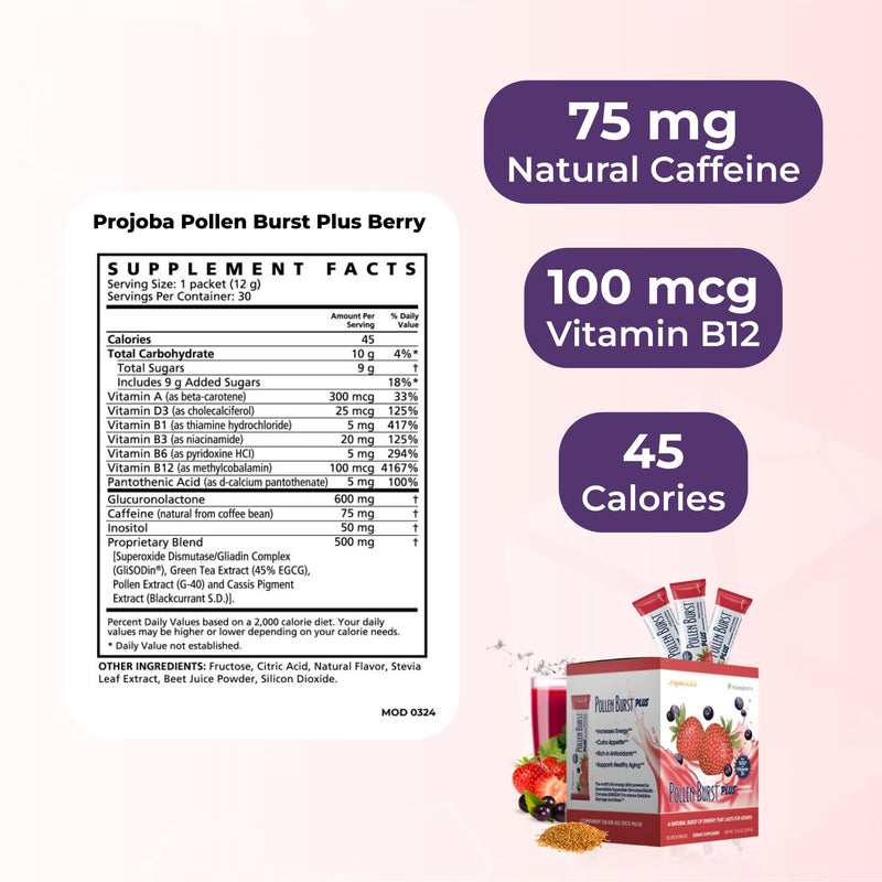 Youngevity Pollen Burst Strawberry Acai Energy Drink Mix, 30 Count Box | Flower pollen extract, SOD, green tea, natural caffeine, vitamins, minerals, energy support, mental clarity, strawberry acai