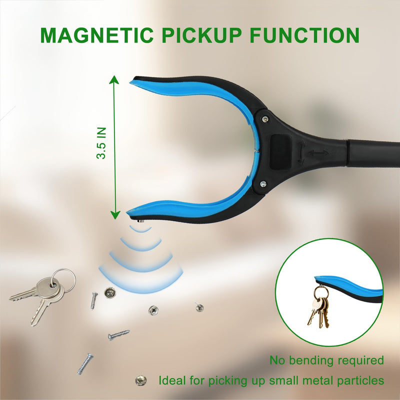 2-Pack Reacher Grabber Set: 32" Foldable Long Reach with Magnetic Tip & 12" Fixed Short Tool | 360° Rotating Non-Slip Jaw | Heavy Duty Pickup Sticks for Seniors, Garden & Small Items (Blue/Black) 32"blue+12"black - 2pack