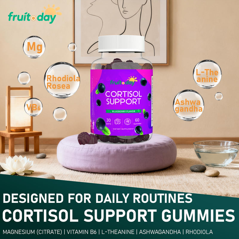 Cortisol Support Gummies with Ashwagandha & L-Theanine – 5-Ingredient Daily Formula, Blueberry Flavor, 60 Count
