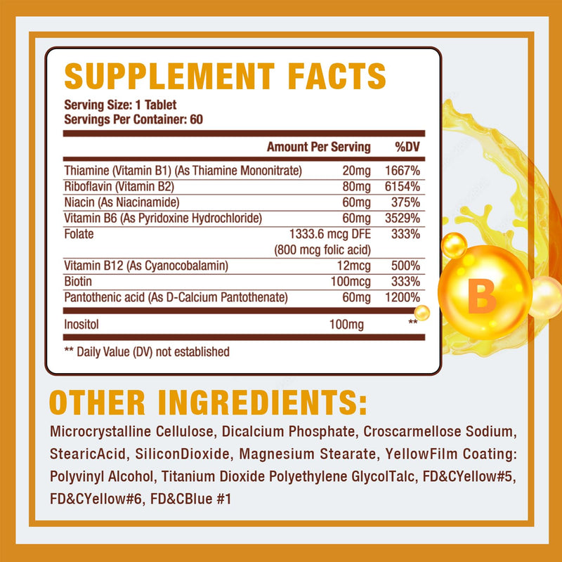 Zammex Vitamin B Complex with Inositol and Biotin – Full Spectrum B Vitamins B1 B2 B3 B6 B12 Non-GMO · Vegan-Friendly – 60 Tablets