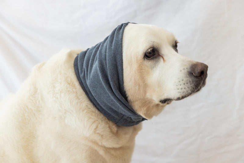 Calming Dog Ear Cover - Anti-Anxiety & Stress Relief Neck Gaiter for Surgery Recovery, Bathing, Grooming, Thunder & Fireworks Grey L Large