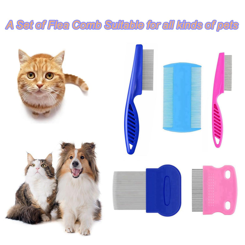 5 Pack Flea Lice Comb,Stainless Steel Dog Cat Grooming Combs with Rounded Teeth,Double Sided Professional Pet Tear Stain Remover,Dematting Tool for Small, Ideal for all pet Blue,Pink - BeesActive Australia