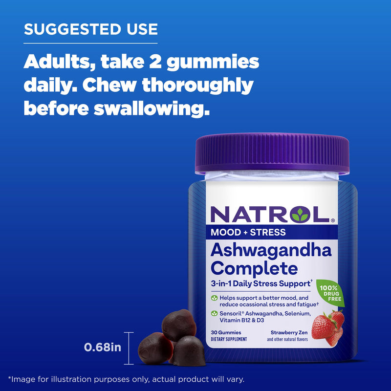 Natrol Ashwagandha Complete Gummy, 3-in-1 Daily Stress Support, Supports Better Mood, Reduces Occasional Stress and Fatigue, 30 Gummies, Up to a 15 Day Supply
