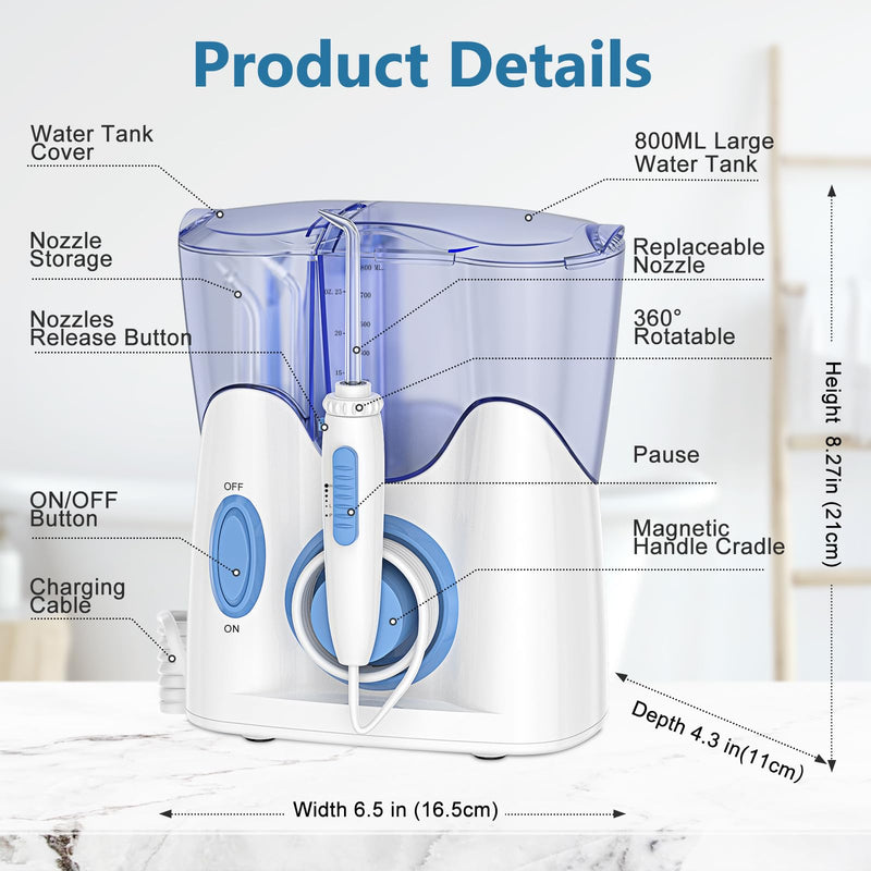 H2ofloss¬Æ Dental Water Flosser for Teeth Cleaning with 13 Multifunctional Tips&800ml Capacity, Professional Countertop Oral Irrigator Quiet Design(HF-9) White