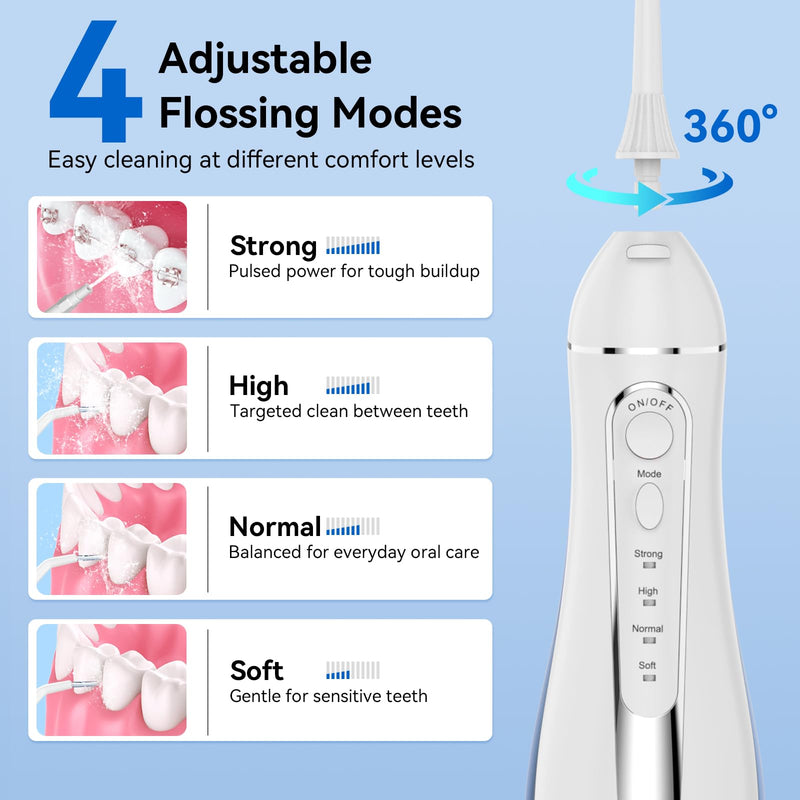 Water Flosser for Teeth Cleaning: Cordless Portable Water Dental Pick, 4 Modes Rechargeable Oral Irrigator with 5 Nozzles, 300ML IPX7 Waterproof Electric Flossers for Braces, Travel & Home Use, White