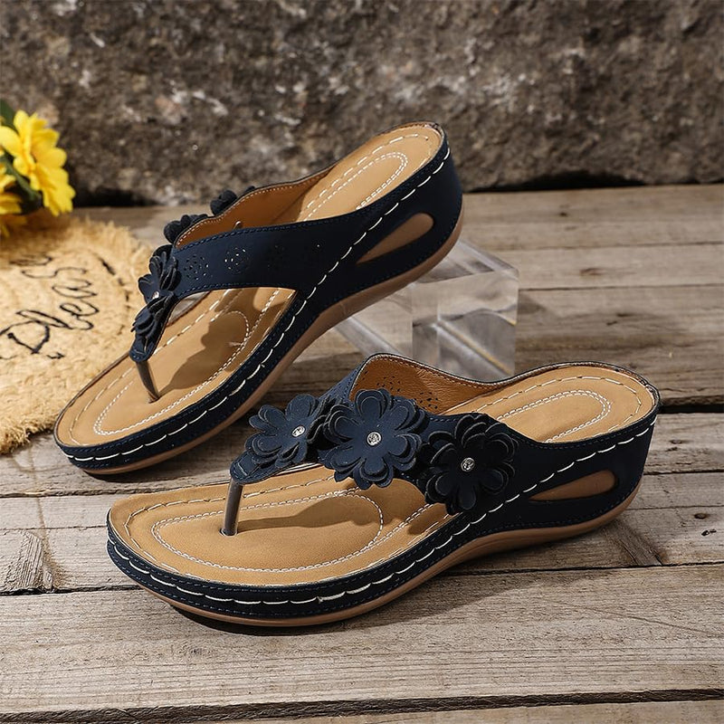 RiceelSor Orthopedic Sandals with Arch Support Flip Flops for Women Comfortable Flower Platform Wedge Sandals Dressy Slip on Thong Slippers for Summer Beach Walking 10 White