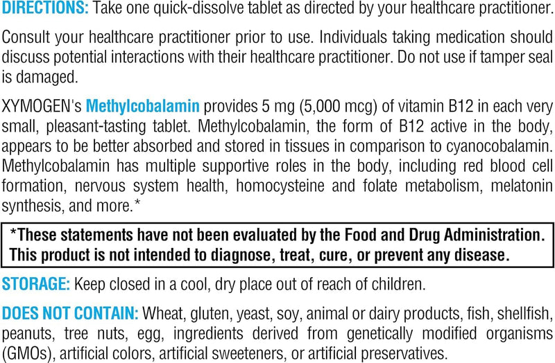 XYMOGEN Methylcobalamin, 60 Quick-Dissolve Tablets | 5 mg Vitamin B12, Supports Healthy Methylation, Neurological Health, and Red Blood Cell Formation, Non-GMO and Gluten-Free 60 Count (Pack of 1)