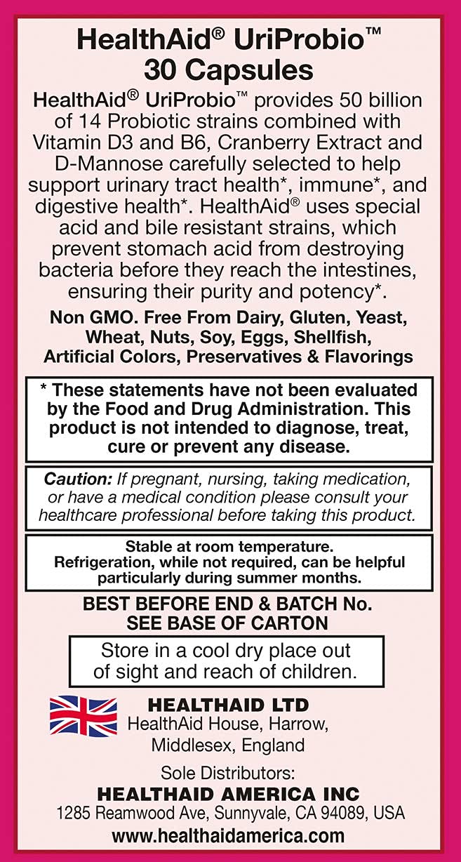 HealthAid UriProbio Women’s Probiotic – 50 Billion CFU with Cranberry, D-Mannose & Prebiotic – Supports Urinary Health, Digestive Balance & Feminine Wellness – Once Daily, Vegan – 30 Capsules*