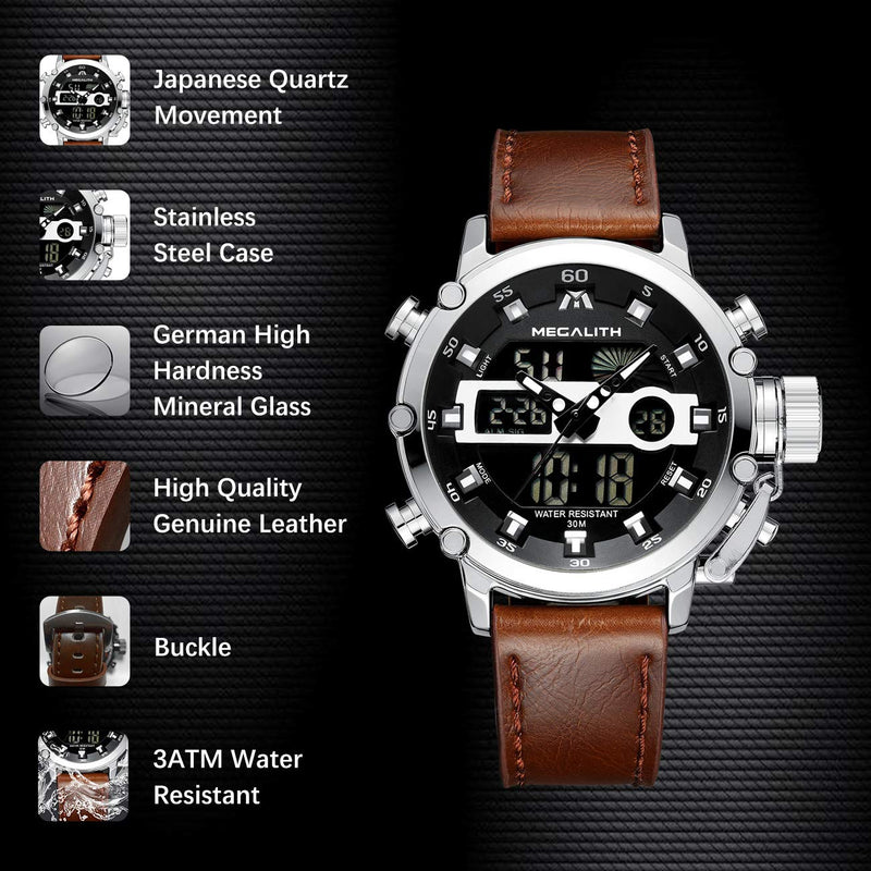 MEGALITH Mens Watches Waterproof Digital Military Sport Tactical Multifunction Heavy Duty Led Rugged Watch for Men, Alarm Stopwatch, Nylon/Leather Strap 4-Brown Silver