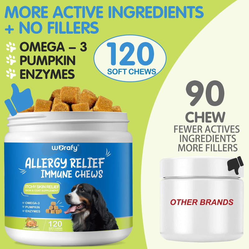 Dog Allergy Relief Chews (120 Count), Dog Allergy Chews, Itch Relief for Dogs, Omega 3 Fish Oil + Pumpkin Enzymes + DHA for Dogs, Anti Hot Spots + Seasonal Allergies, Skin & Coat Immune Health W-Dog Allergy 110 chews - PawsPlanet Australia