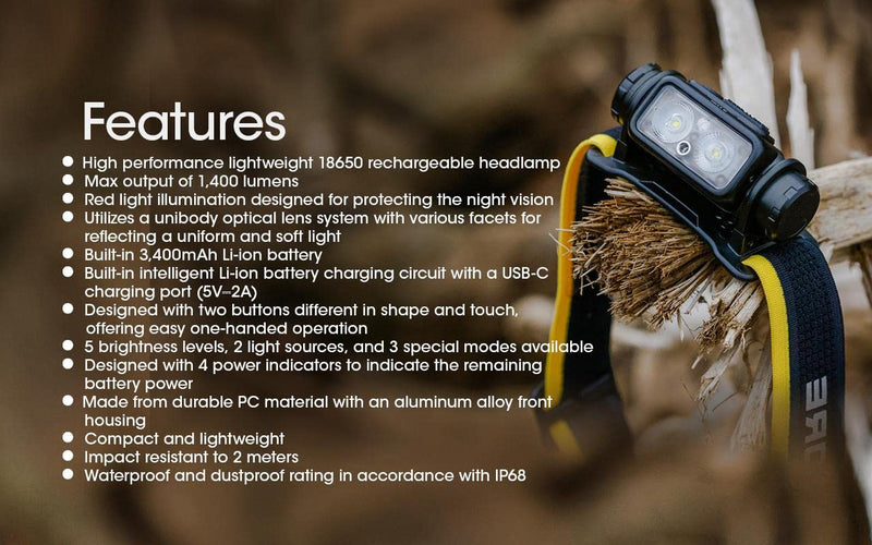 Nitecore NU43 Lighweight Rechargeable headlamp - 1400 Lumens w/Eco-Sensa USB-C Charging Cable Included - BeesActive Australia