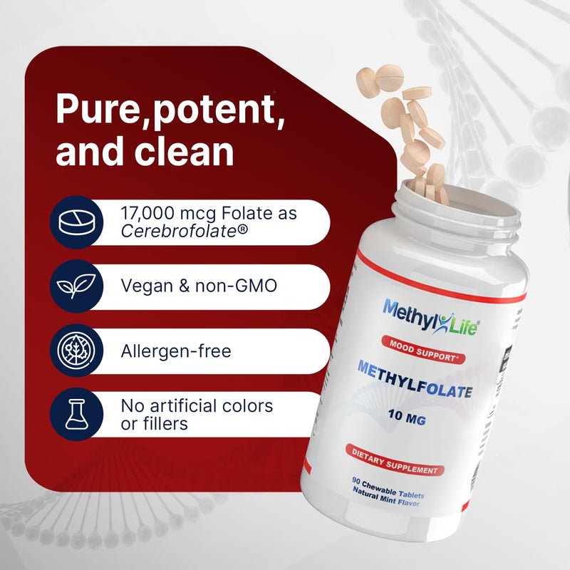 Methyl-Life® L-Methylfolate 10 mg - Chewable Active Folate Tablets with ultrapure Form of Cerebrofolate® (L-5-MTHF, Calcium) | Vegan, Non-GMO, Gluten-Free | 90 Chewable Tablet 90 Count (Pack of 1)