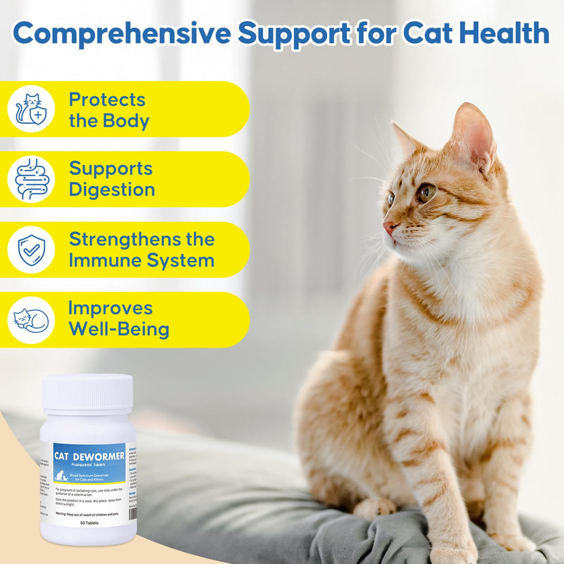 Dewormer for Cats and Kittens, Praz-qantl Tablets Broad Spectrum Dewormer for Tapeworms, Hookworms & Roundworms, for Cats and Kittens 6 Weeks and Older, Easy to Administer, 50 Tablets