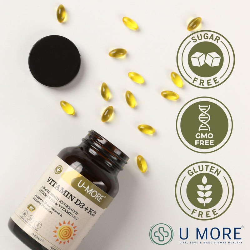 U-MORE - 1000 IU High Strength Vitamin D3 & Vitamin K2 (Menaquinone 7) - Sugar Free - Supports Bone Strength & Immune Function - 60 Softgels