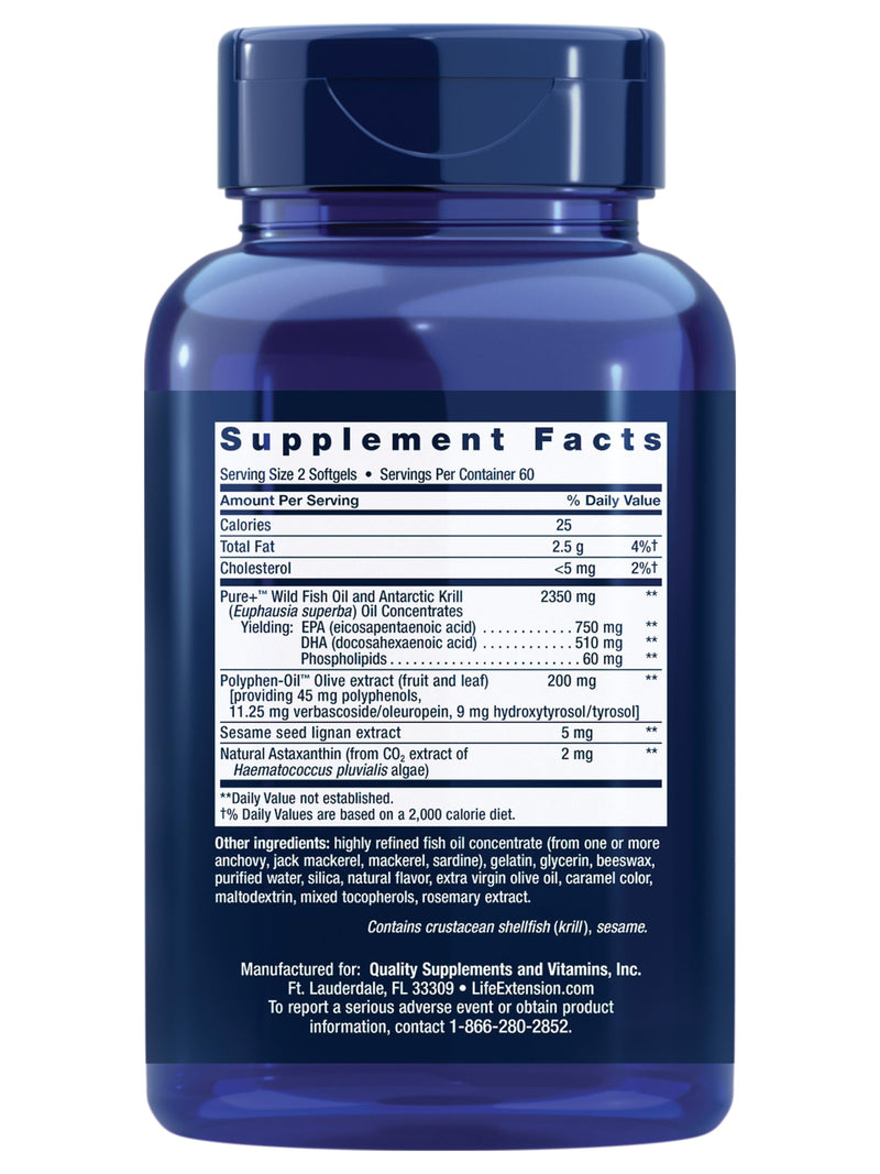 Life Extension Super Omega-3 Plus EPA/DHA Fish Oil, Sesame Lignans, Olive Extract, Krill & Astaxanthin - Heart, Brain & Joint Health Support - Gluten-Free, Non-GMO - 120 Softgels,(Pack of 2) 120 Count (Pack of 2)