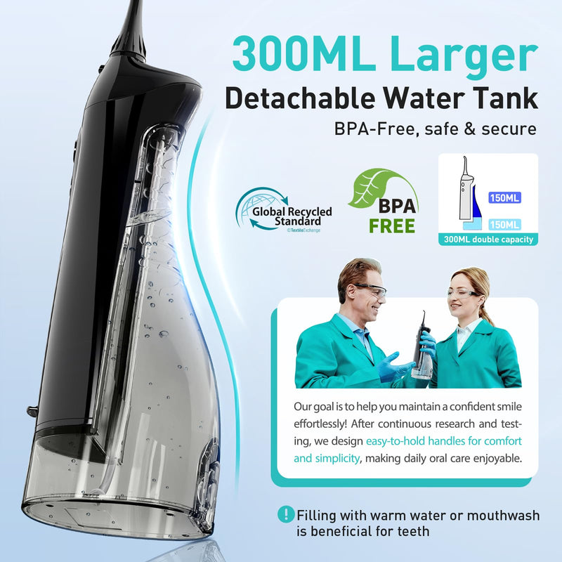 COSLUS Water Dental Flosser Teeth Pick C20(F5020E): Portable Cordless Oral Irrigator 300ML Rechargeable Travel Irrigation Cleaner IPX7 Waterproof Electric Flossing Machine for Teeth Cleaning Black - BeesActive Australia