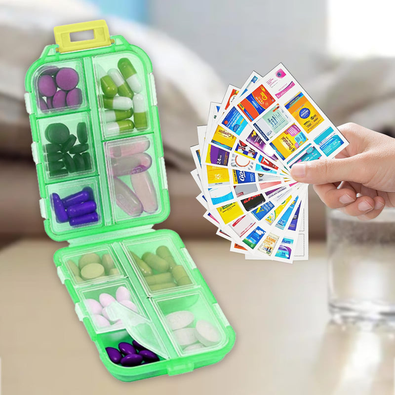 2PCS Portable Pill Box Case 10 Compartments with Medicine Labels Daily Use | Pill Storage Box Pill Container Travel Folding Small Medicine Box for Purse Vitamin Fish Oil
