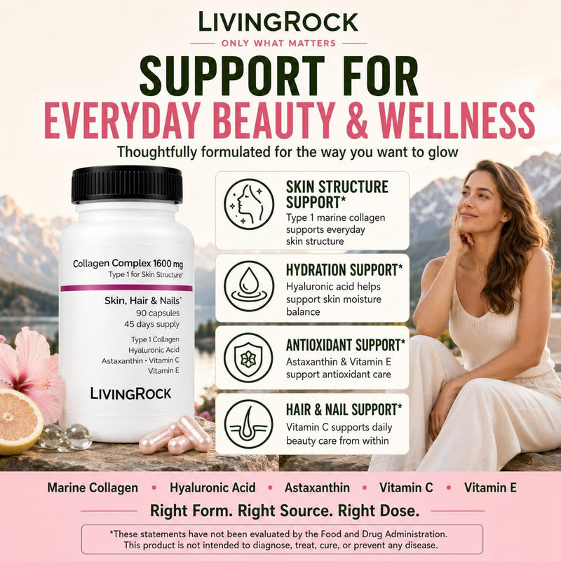 LivingRock Marine Beauty Collagen Complex for Skin, Hair & Nails with Type 1 Marine Collagen, Hyaluronic Acid, Astaxanthin, Vitamins C & E, 90 Capsules, 45-Day Supply